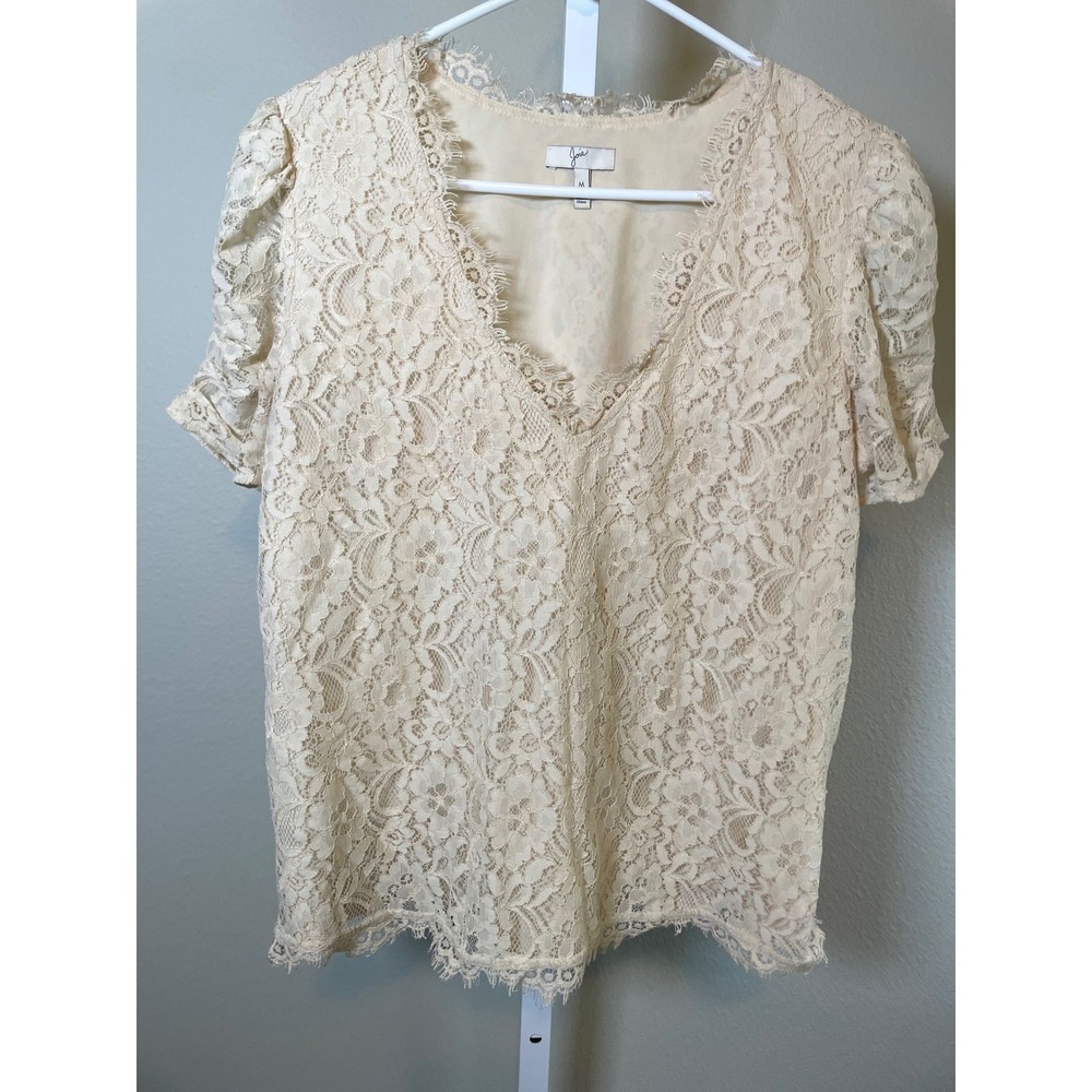 Joie Lace V-Neck Blouse Women's Medium Cream Floral Shirt Top Romantic
